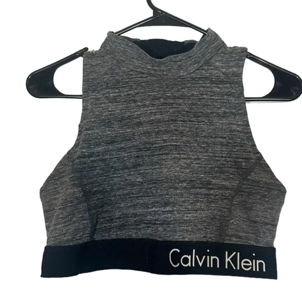 Calvin Klein Gray & Black Mock Neck Crisscross Back Sports Bra Women Sz M